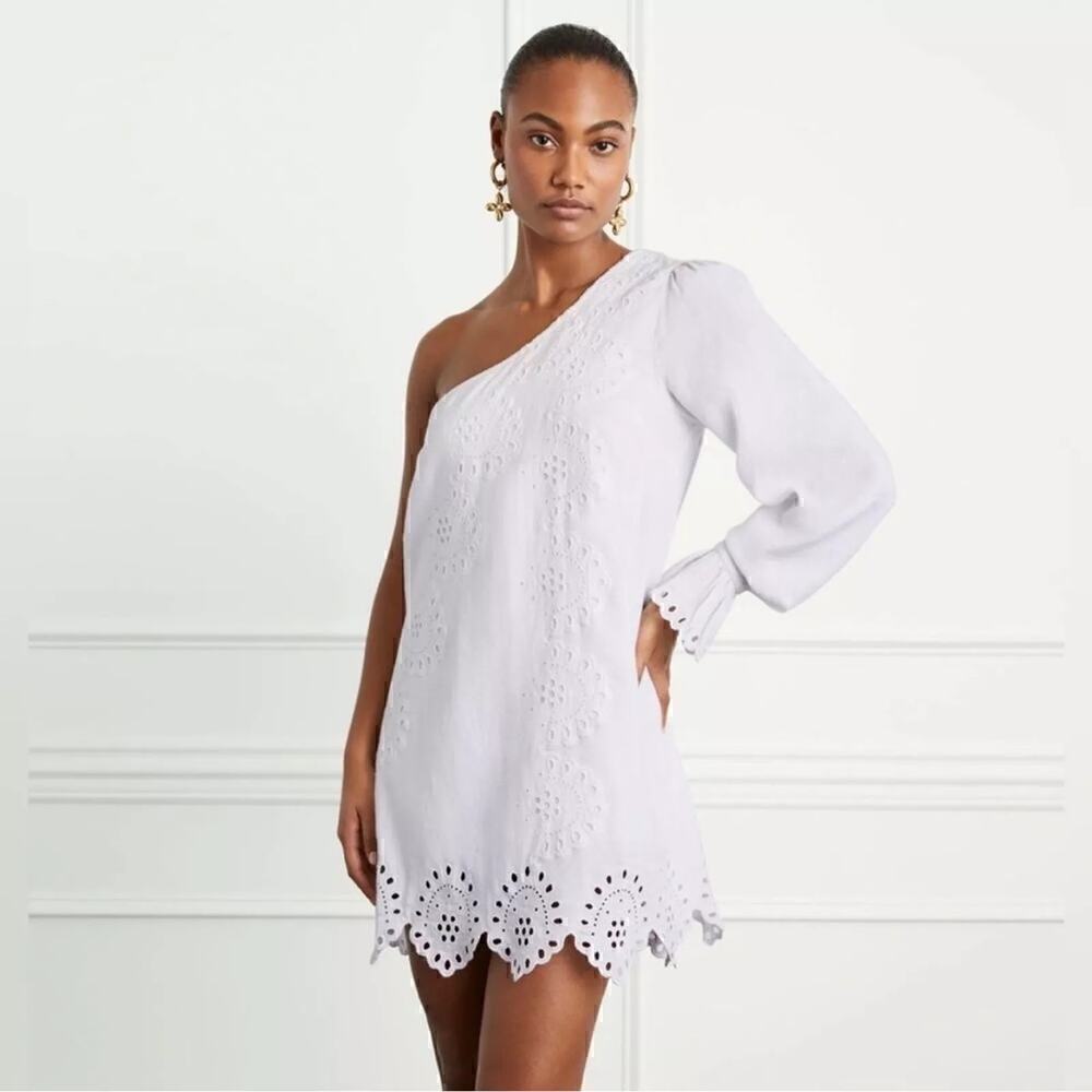 Hill House The Mila Dress One Shoulder Scalloped Eyelet Mini White Linen NWT S